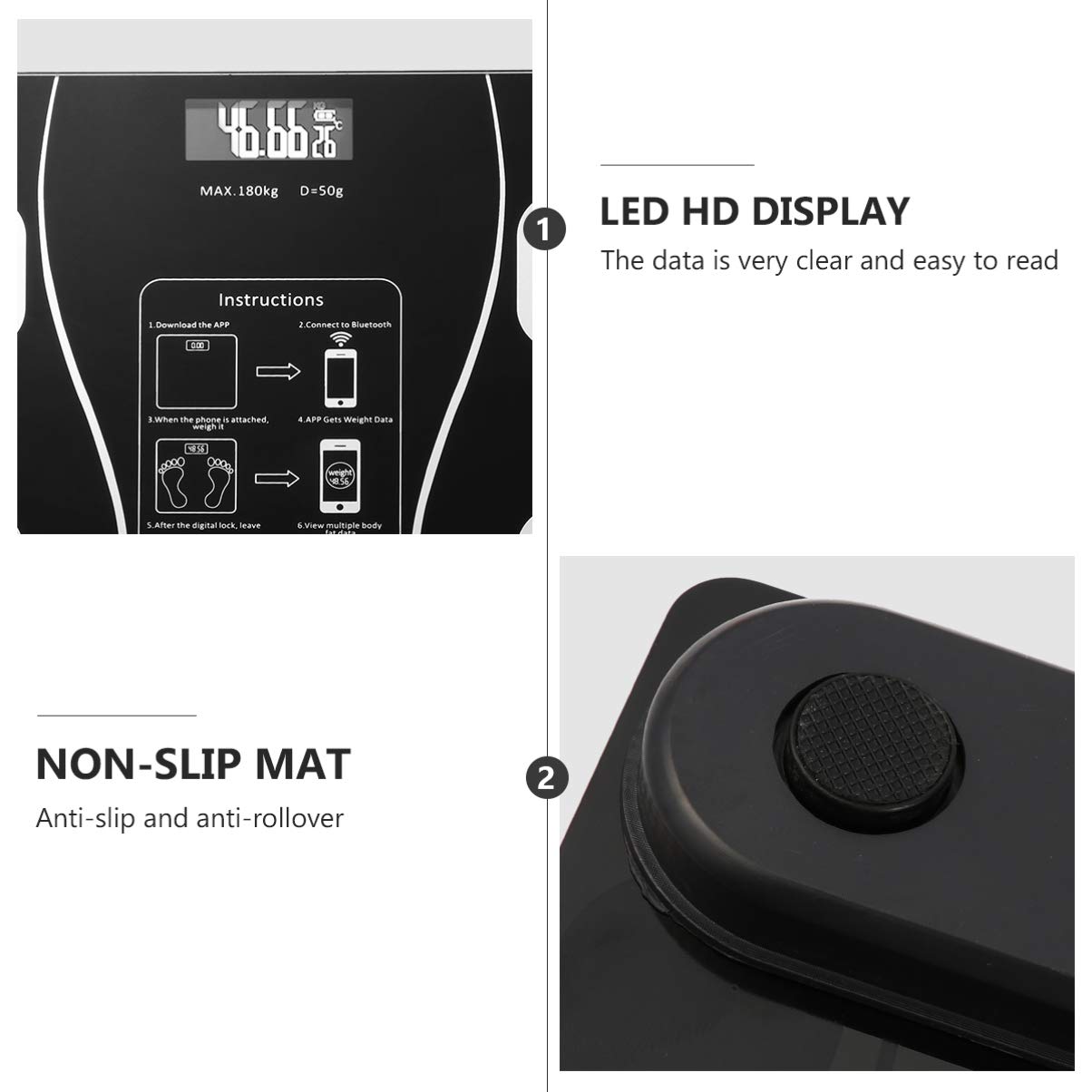 Healeved Digital y Patas Antideslizantes de Abs y Vidrio Recargable por USB Báscula Inteligente Pantalla LED Grande para Peso Corporal para Uso Hogar