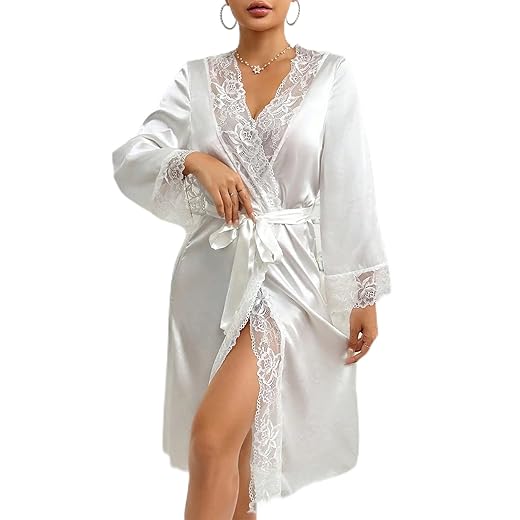 Roupão feminino de cetim com acabamento transparente, cintura amarrada, roupa de dormir longa, estilo sedoso, para casa, lounge