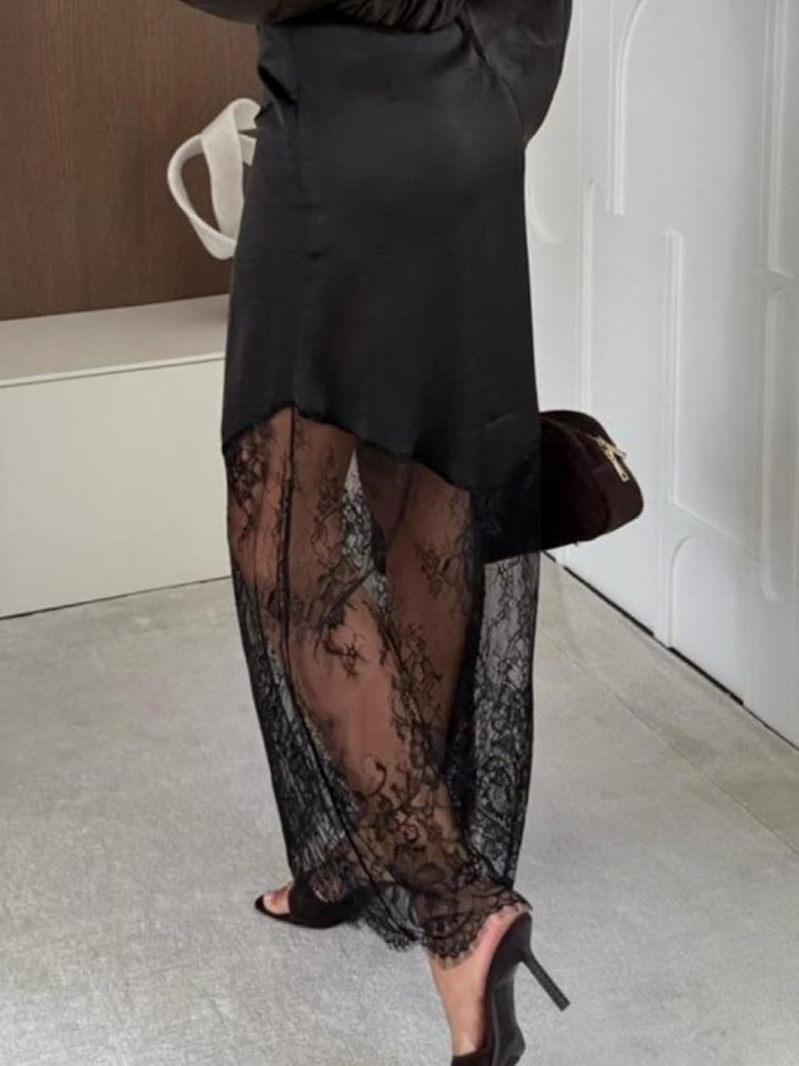 Women's Sheer Lace Patchwork Skirts A-Line High Waist Lace Patchwork Long Skirts Y2K Party Boho Skirt