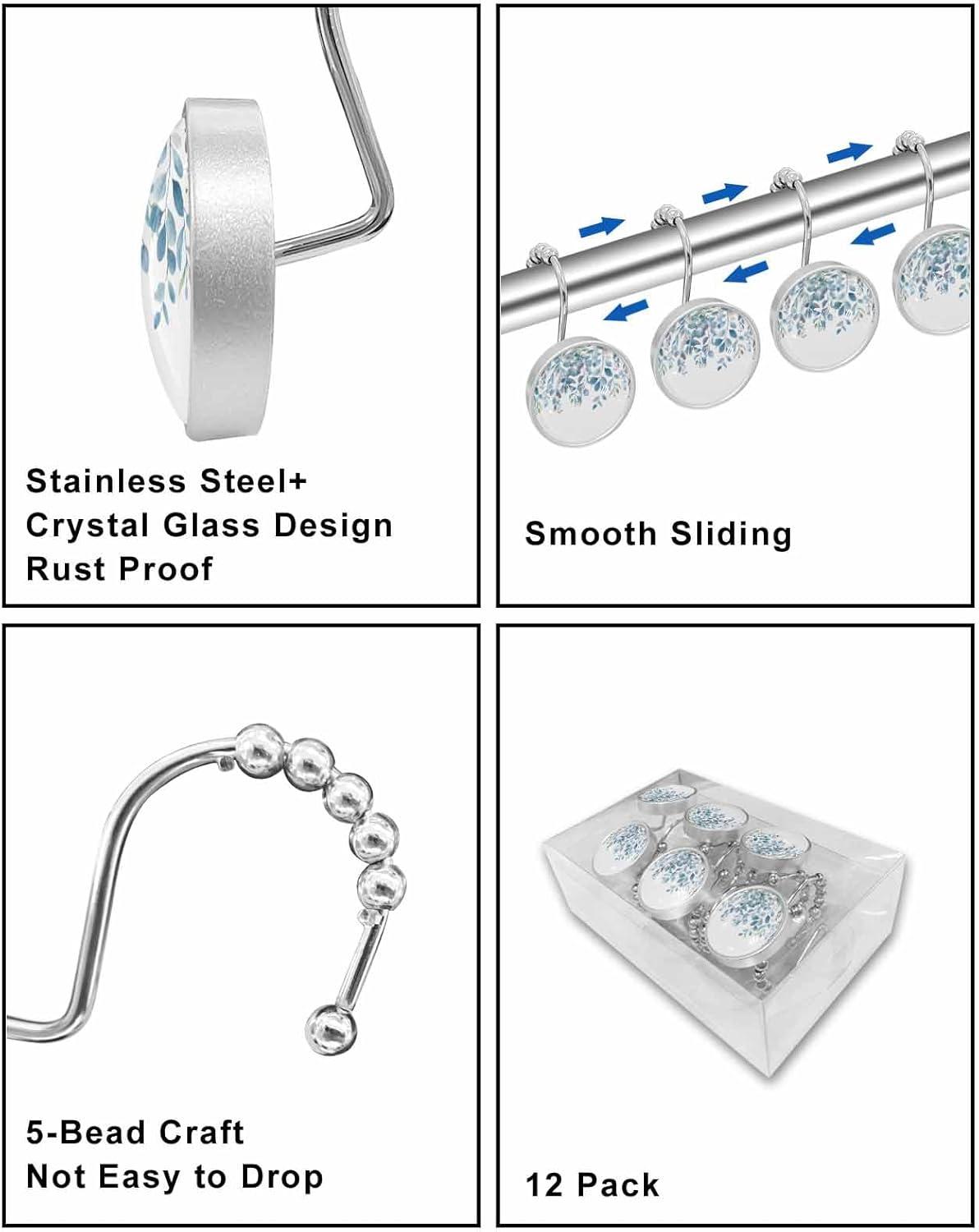 Shower Curtain Hooks 12 Pcs Plants Eucalyptus Leaves Blue Natural Stainless Steel Rust Proof Rolling Shower Curtain Rings, Decorative Shower Curtain Hooks Hangers for Bathroom