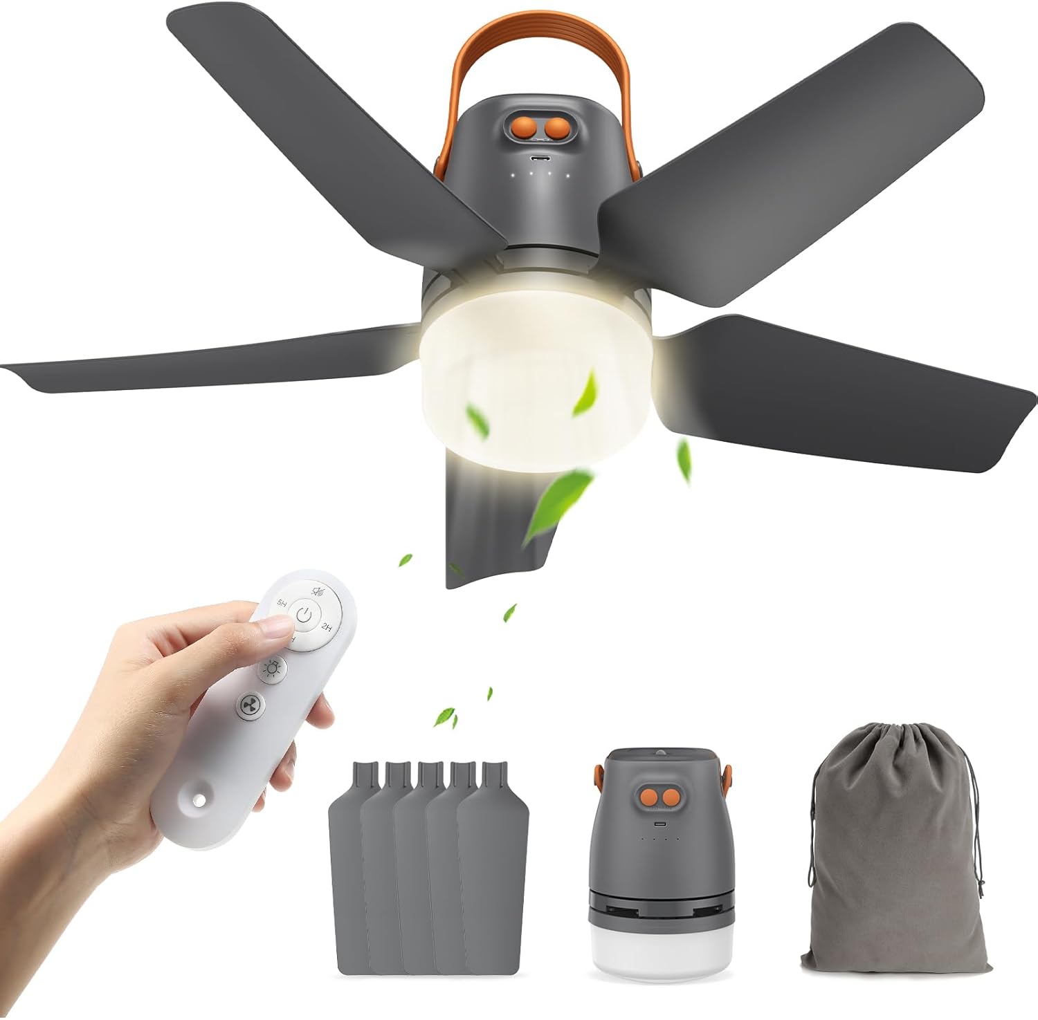 Portable Ceiling Fans with Light & Remote, 20" 20400mAh Battery Operated Outdoor Ceiling Fan for Patios / Canopy, Rechargeable Battery Powered Fan, Hangable Camping Lights Tent Fan, Camping Essentials