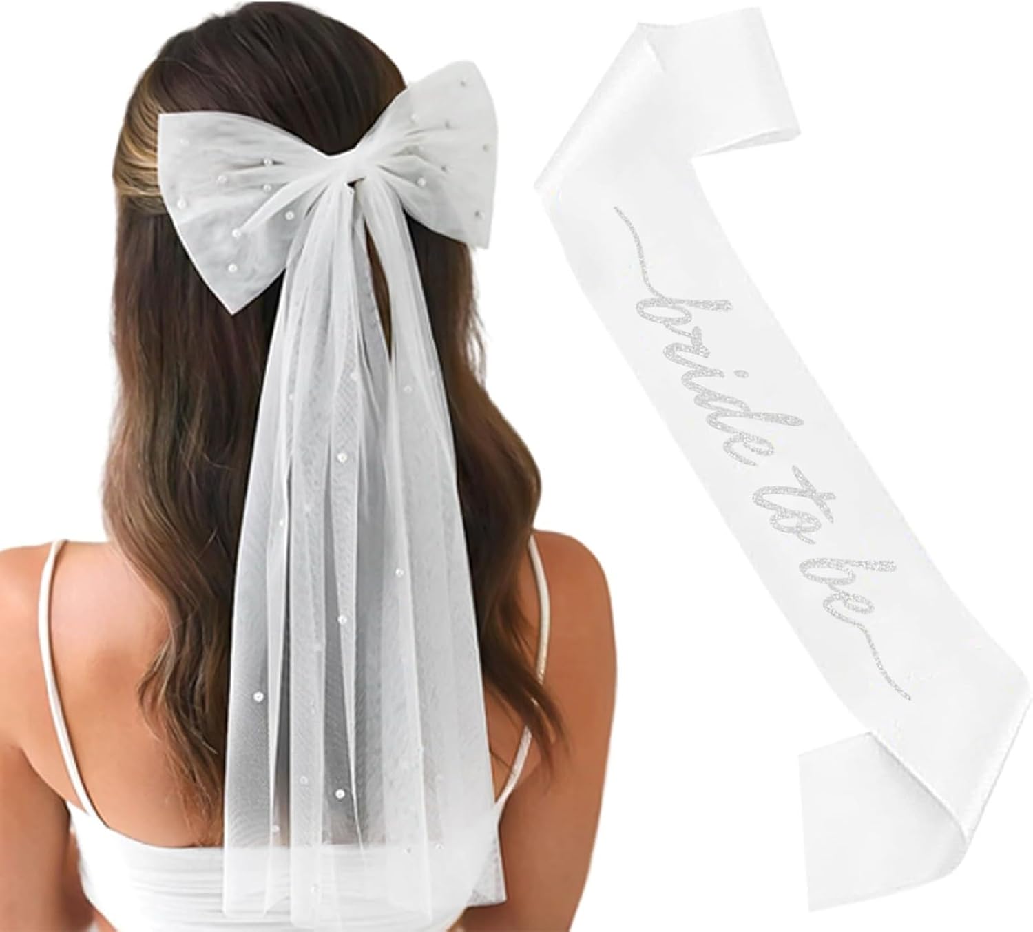 2PCS Bride Pearl Bow Veil and Sash Bride to Be Accessory for Bachelorette Bridal Shower Marriage Engagement Wedding Party