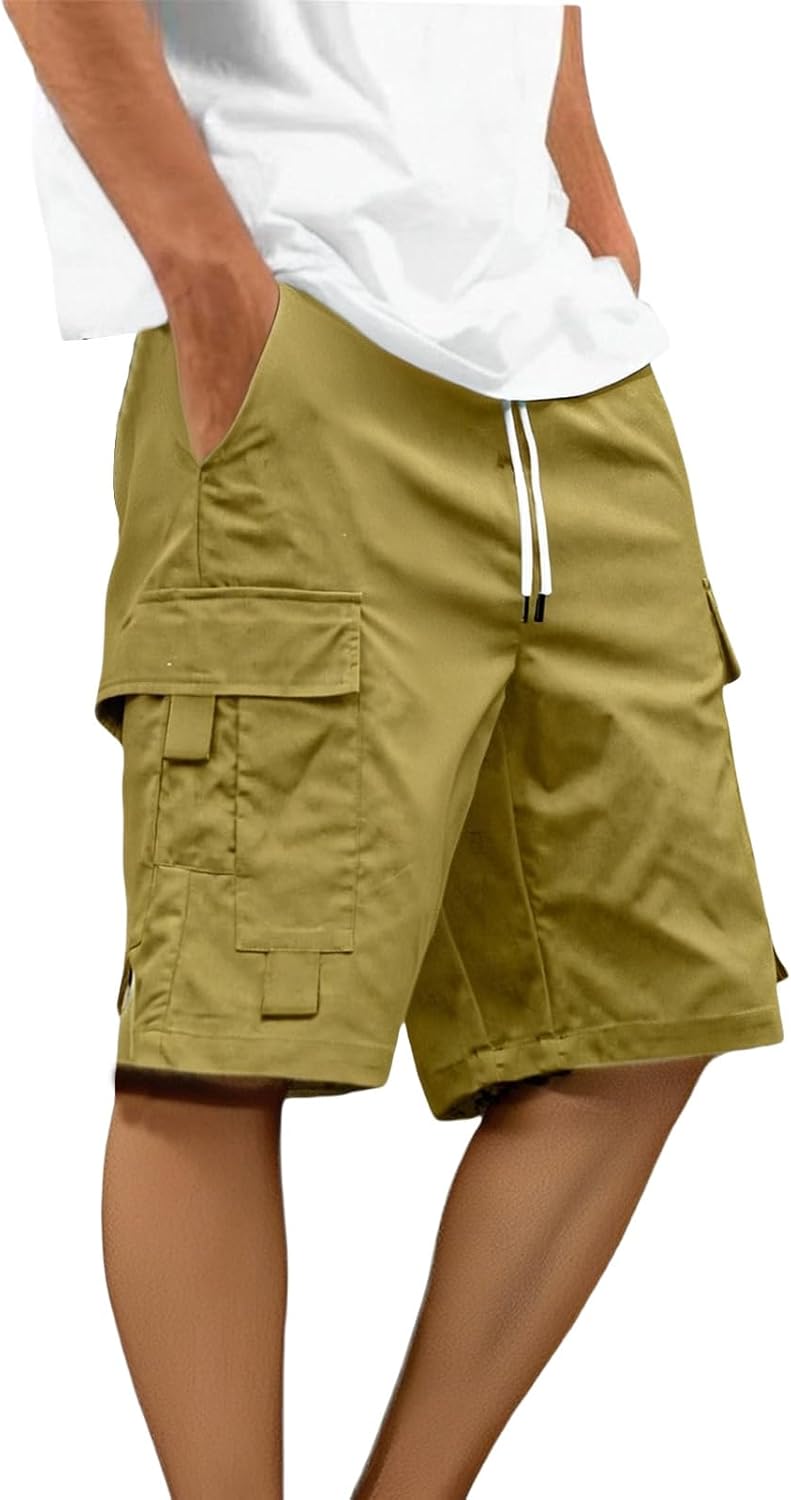 Men's Cargo Shorts Elastic Waist Drawstring Summer Casual Shorts Big & Tall Relaxed Fit Work Shorts Pants with Pockets