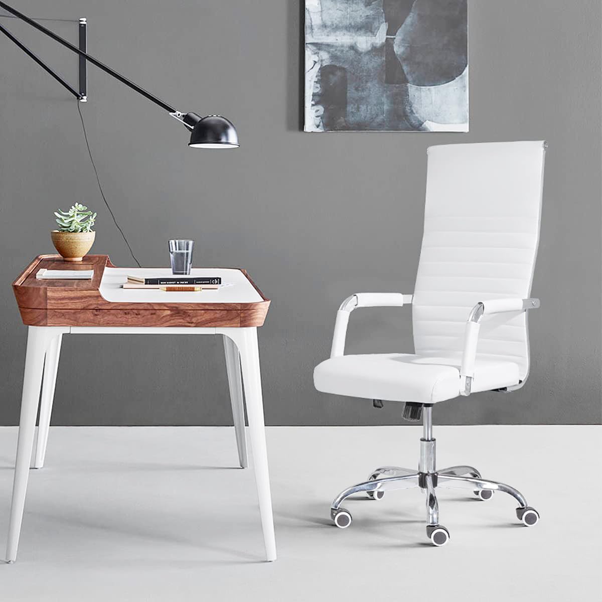 office desk chair high back ribbed executive computer chair, adjustable swivel rolling leather ergonomic task chair for conference room (white)