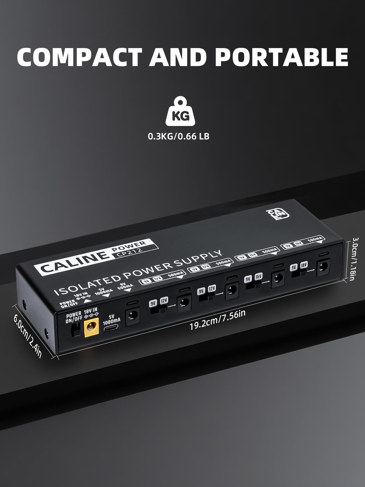 Caline True Isolated Pedal Power Supply CP-212, commutabile 9 V/12 V/15 V/18 V per chitarra a pedale, mini alimentazione a pedale da 500 mA con uscita di tipo C e catena a margherita a 4 vie