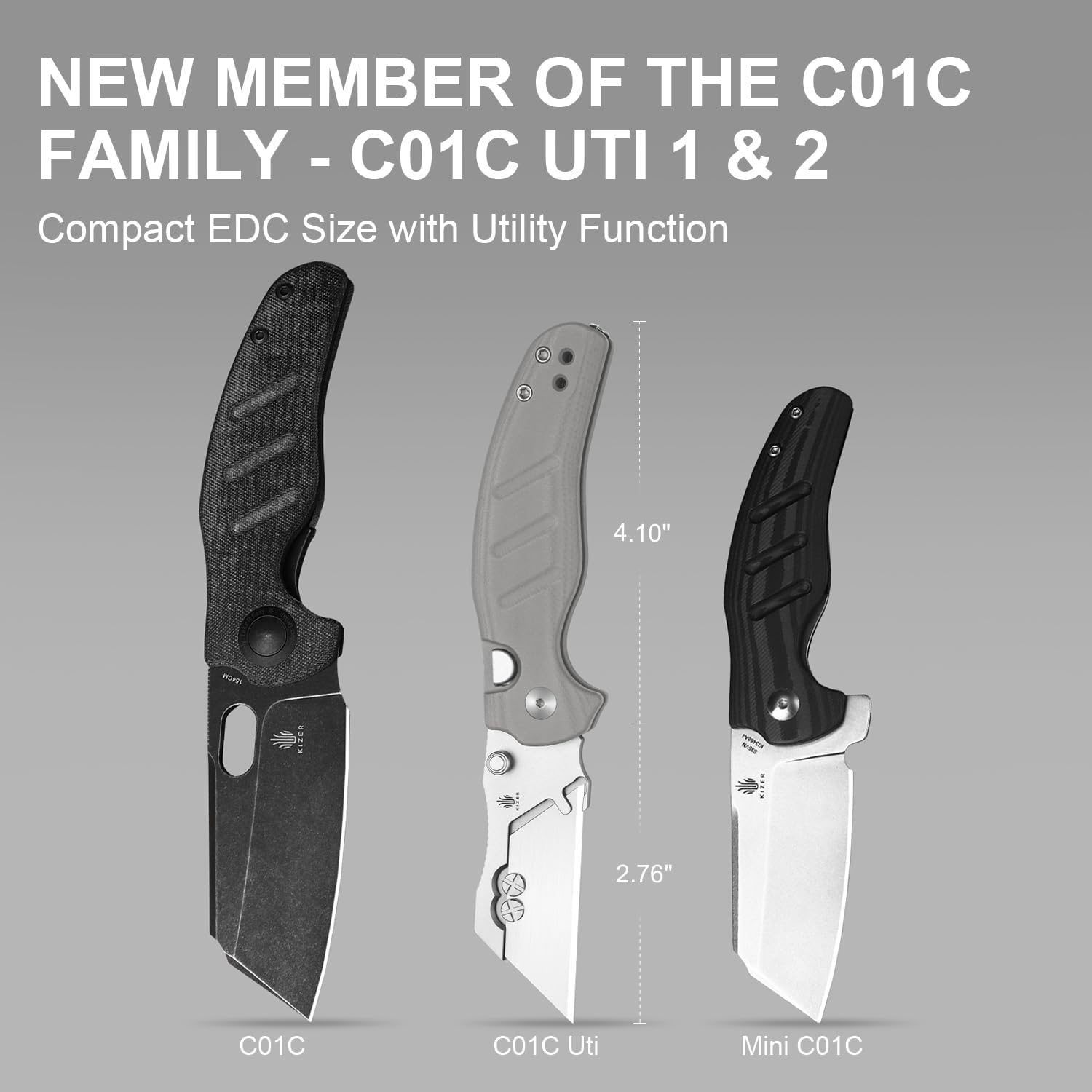 Kizer C01C Uti 1 (Dual-screw Version) Utility Knife, Button Liner Lock Box Cutter EDC Pocket Knife with 5PCS Razor Blades, Gray G10 Handle Small Folding Knives with Clip for Men Women, V3488.29JSA1