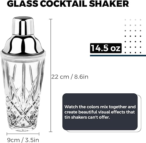 Miniatura 2 de Gbuxska Kit de coctelera de cristal, 14.5 onzas de Martini Mocktail con tapa de acero metálico a prueba de fugas y colador para uso doméstico y