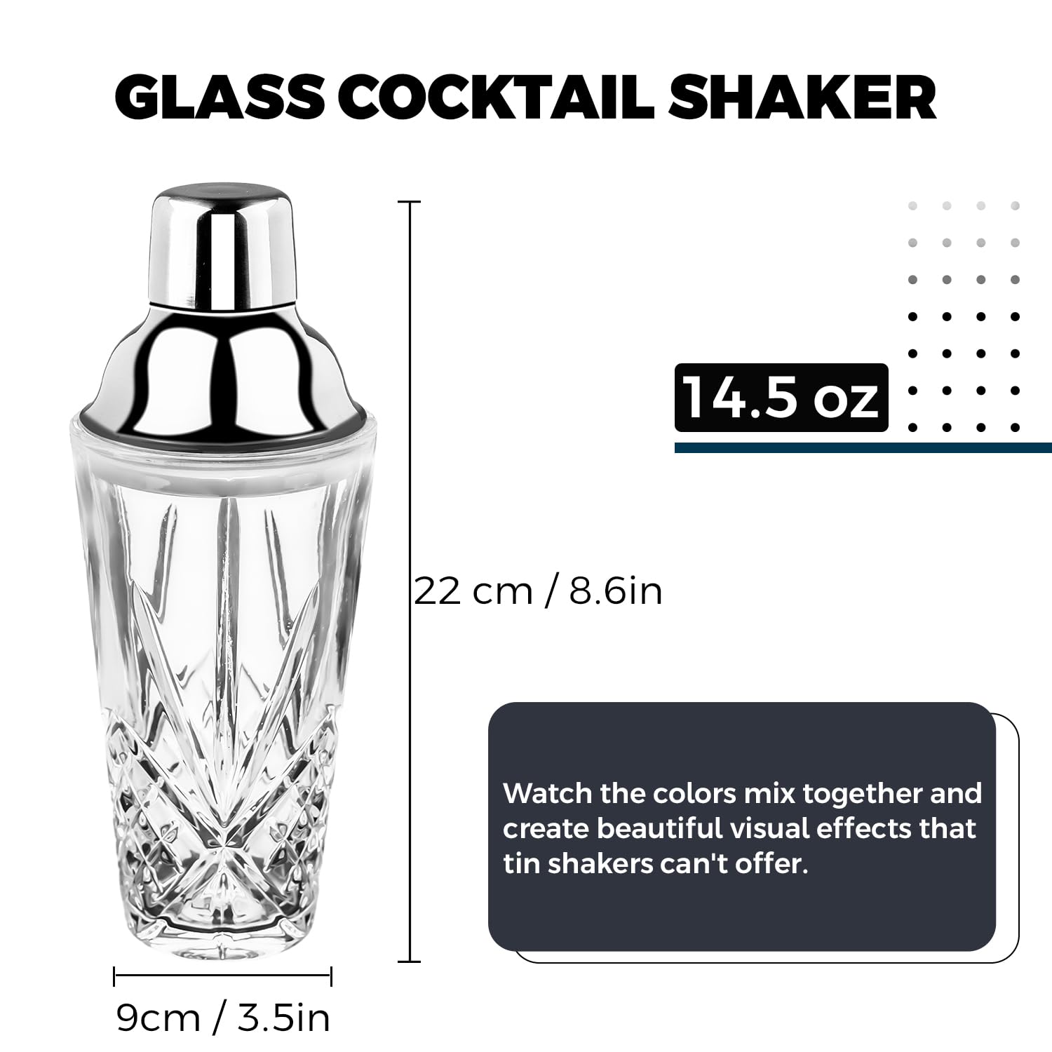 Kit de coctelera de vidrio, juego de fabricación de cócteles sin alcohol de Martini de 14.5 onzas con tapa de acero metálico a prueba de fugas y colador para uso doméstico y carrito de bar,