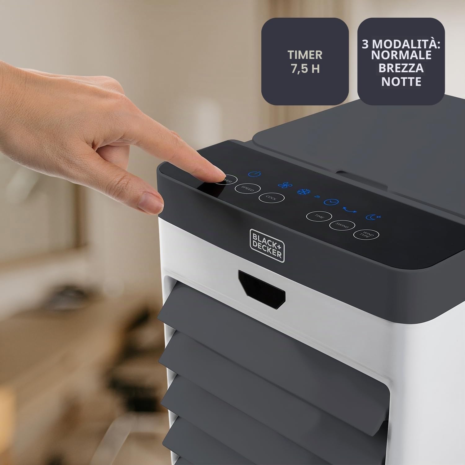 BLACK+DECKER - Raffrescatore evaporativo 75W | 5 L | Oscillante | Display digitale | Telecomando | Timer 7,5 h | 3 velocità e modalità | 4 contenitori per ghiaccio | Ruote