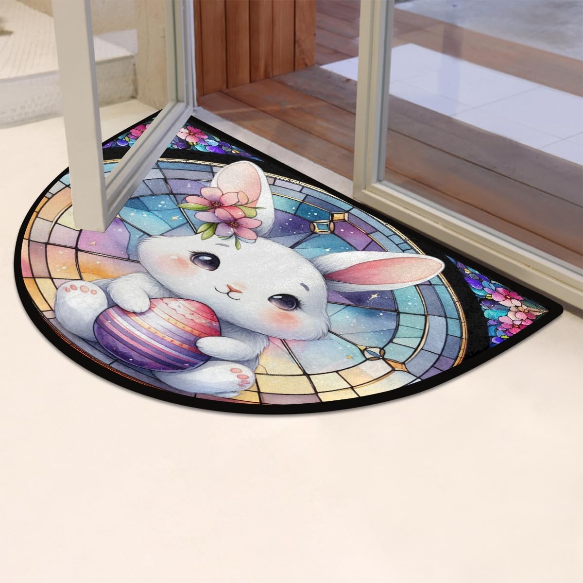 Half Round Doormat Bunny Easter Cute Washable Semi Circle Area Rug Non Slip Absorbent Half Moon Rug for Indoor Outdoor Bathroom Kitchen Patio Front Welcome Fireplace Hearth Floor Mat
