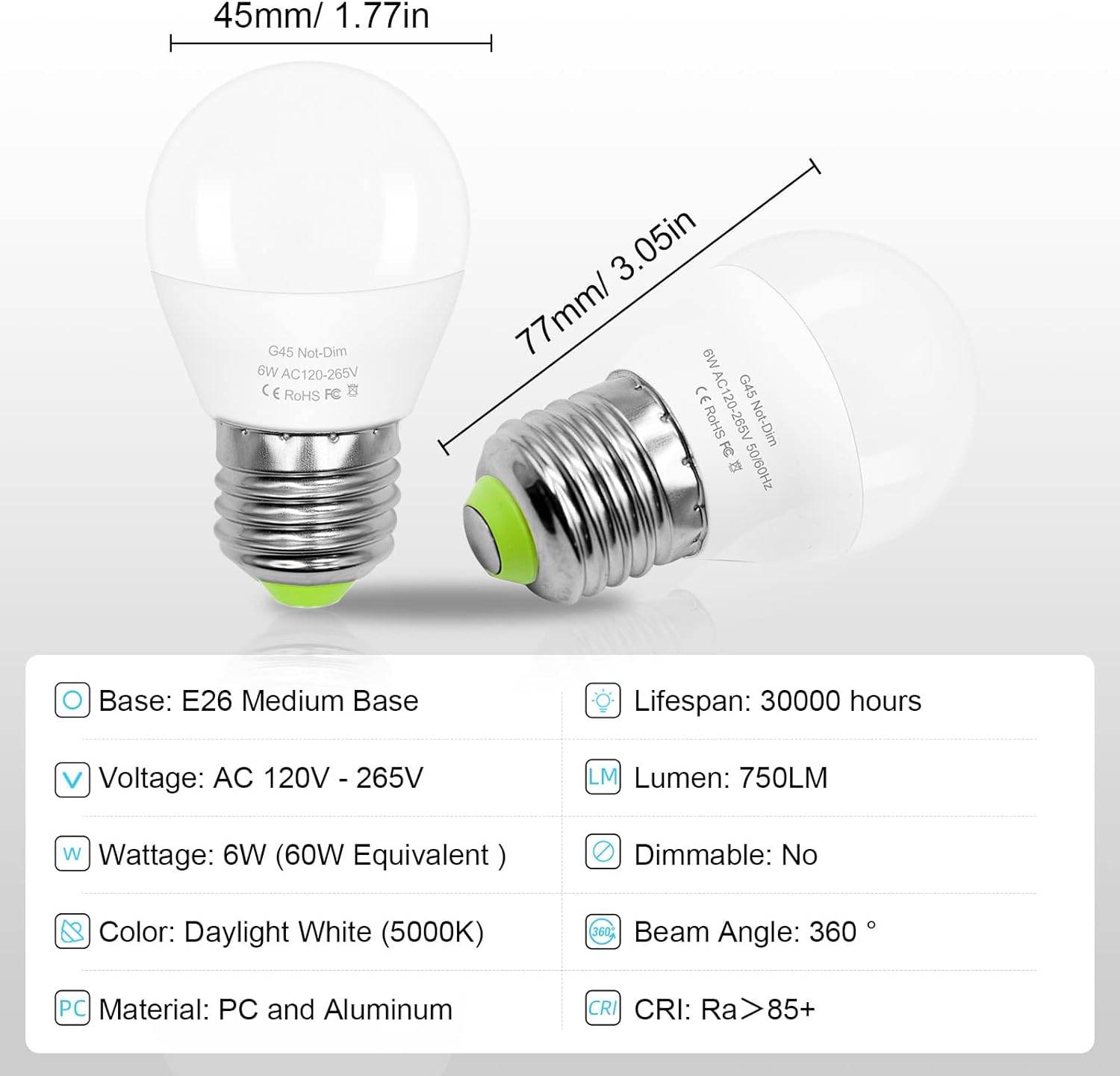 6W E26 Small Globe LED Bulb 60W Equivalent G45/A15 E26 Standard Screw Base 120V-265V Frosted Daylight White 750LM Waterproof for Fridge Light Pendant Vanity Mirror Home Lighting Non-Dimmable (2 Pack)