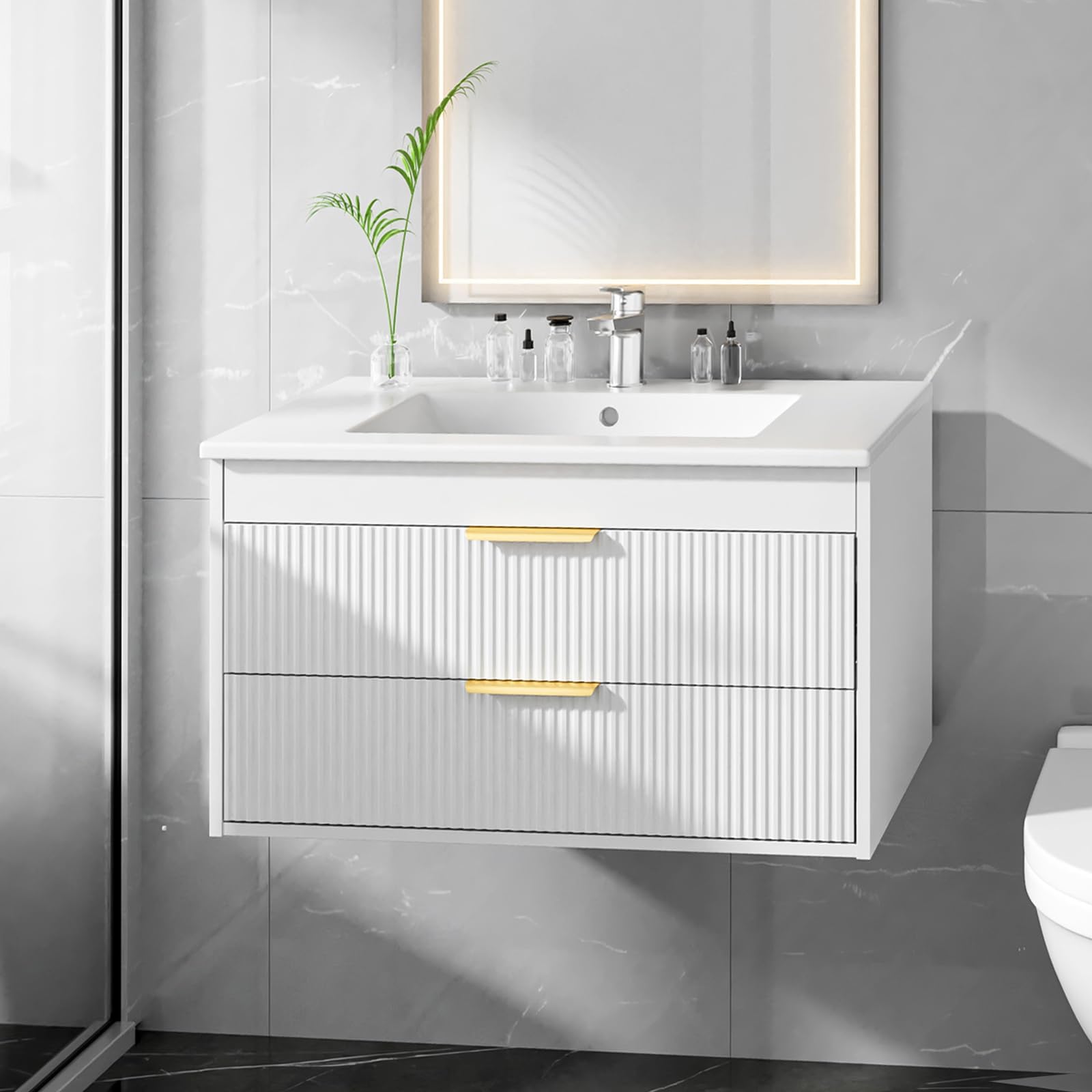30" Bathroom Vanity Cabinet with Ceramic Sink, Wall-Mounted Floating Vanity, Integrated Sink, 2 Large Storage Drawers, with Sensor LED Light, Metal Handles, for Small Bathroom, Home, Spa, Hotel, White