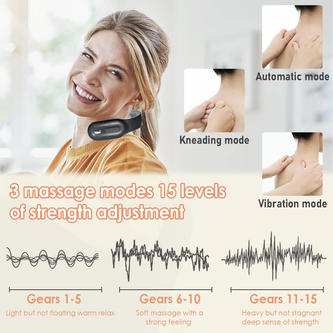 Diagram illustrating three massage modes and 15 strength levels