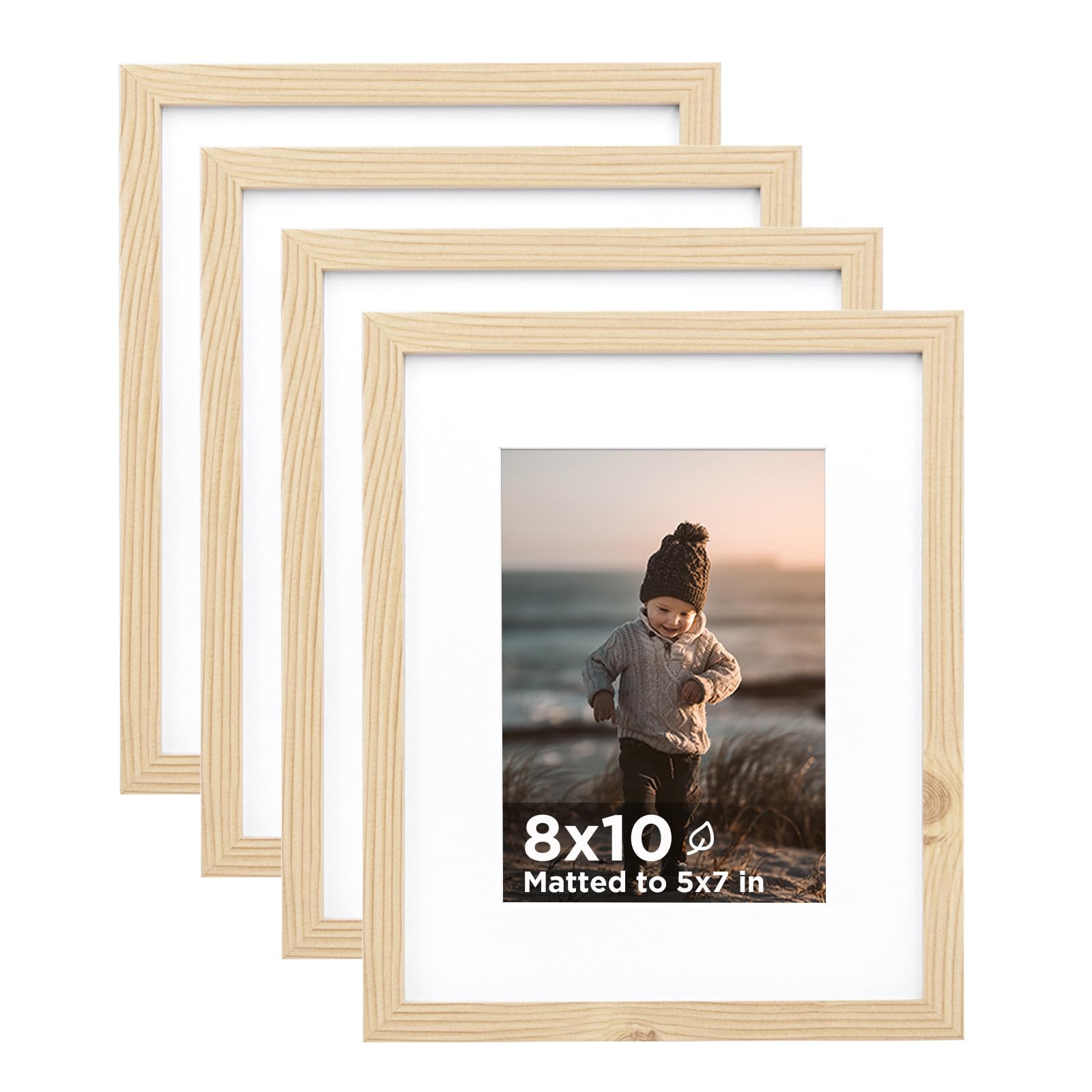 Photo 1 of KINLINK 8x10 Picture Frame Wood Grain Set of 4, Wooden Photo Frames Matted 5x7 with Plexiglass for 5x7 with Mat or 8x10 without Mat for Table and Wall Display