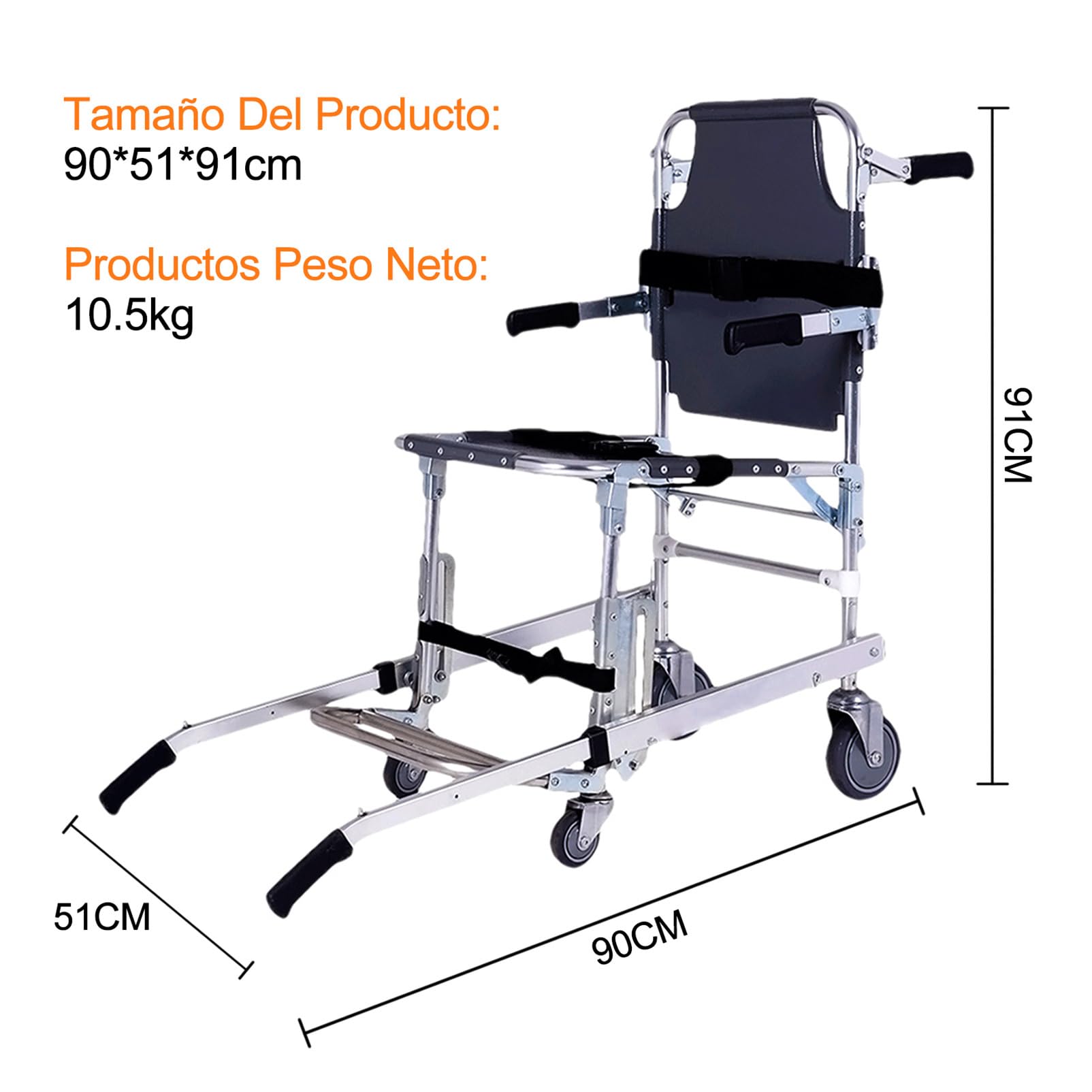 4 Ruedas EMS Silla de Escalera Silla para Escaleras Silla de Ambulancia de Emergencia Plegable Capacidad de Carga 159kg evacuación de Emergencia con Hebillas de Liberación Rápida
