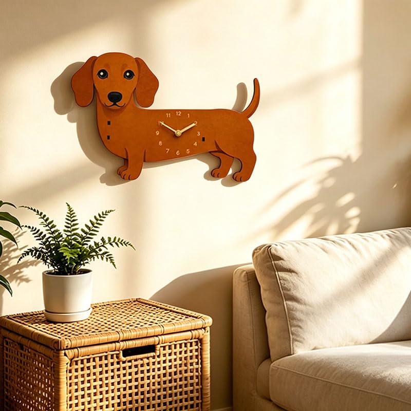 Creative Dachshund Wall Clock with Swinging Tail Pendulum for Living Room Bedroom Kids Room Kitchen Home Office Decor, Silent Quartz Movement, 35 cm (Brown, B)