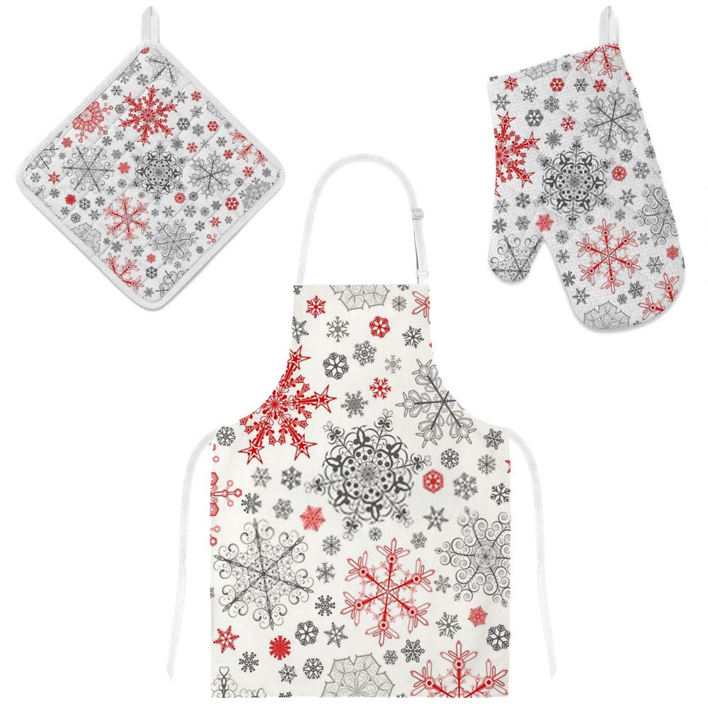 Tablier de cuisine Noël et 3 pièces maniques gants de four flocon de neige pour vos repas
