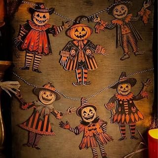 6pcs Vintage Halloween Decor Wood Banner Vintage Halloween Bunting Decorations Horror Pumpkin Wooden Hanging Decorations for Indoor Party Wall Decor