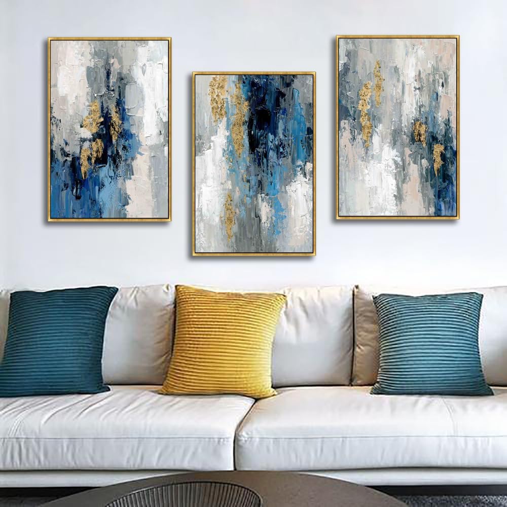 Sofoney - Gold Framed Blue and Gold Wall Art with Hand Painted Texture and Gold Foil, 3 Piece Blue and Gray Abstract Canvas Wall Decor for Living Room Bedroom Office - 16"x24"x3 Panels