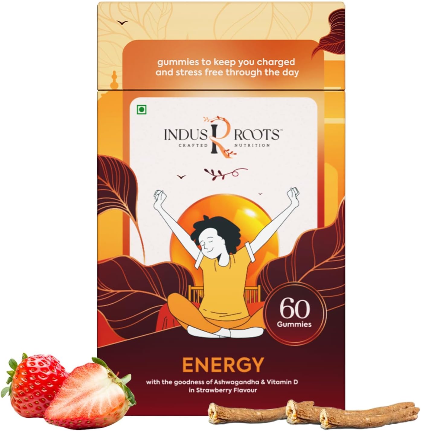 Indus Roots Ashwagandha and Vitamin D Energy Gummies for Men, Women, Helps to Improve Energy, Immunity, Muscle Strength, Reduces Stress, Enhances Sleep Quality, Vegan - 60 Gummies (Pack of 1)