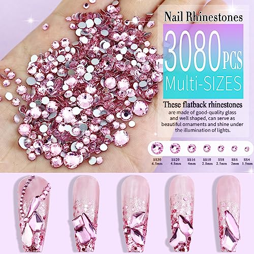 Dowarm 3200Pcs Nail Art Rhinestones, Light Pink Flatback Rhinestones For Nails, Crafts, 12 Styles 3D Glass Crystal Nail Gems #TOP2