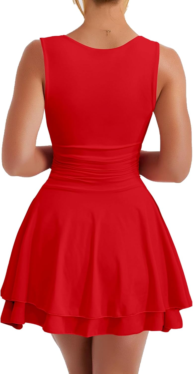 Kaximil Women's Square Neck Ruffle Hem Mini Dress Ruched Waist Short Party Dresses - Image 2