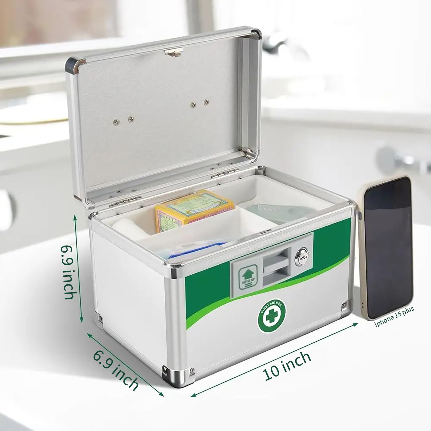 Cassetta per Medicinali con Serratura e Maniglia, Scatola Porta Medicine, Portatile Scatola di Pronto Soccorso, Cassa per Medicinali con Serratura a Chiave e Vassoio Rimovibile 25×17,5×17,5 cm