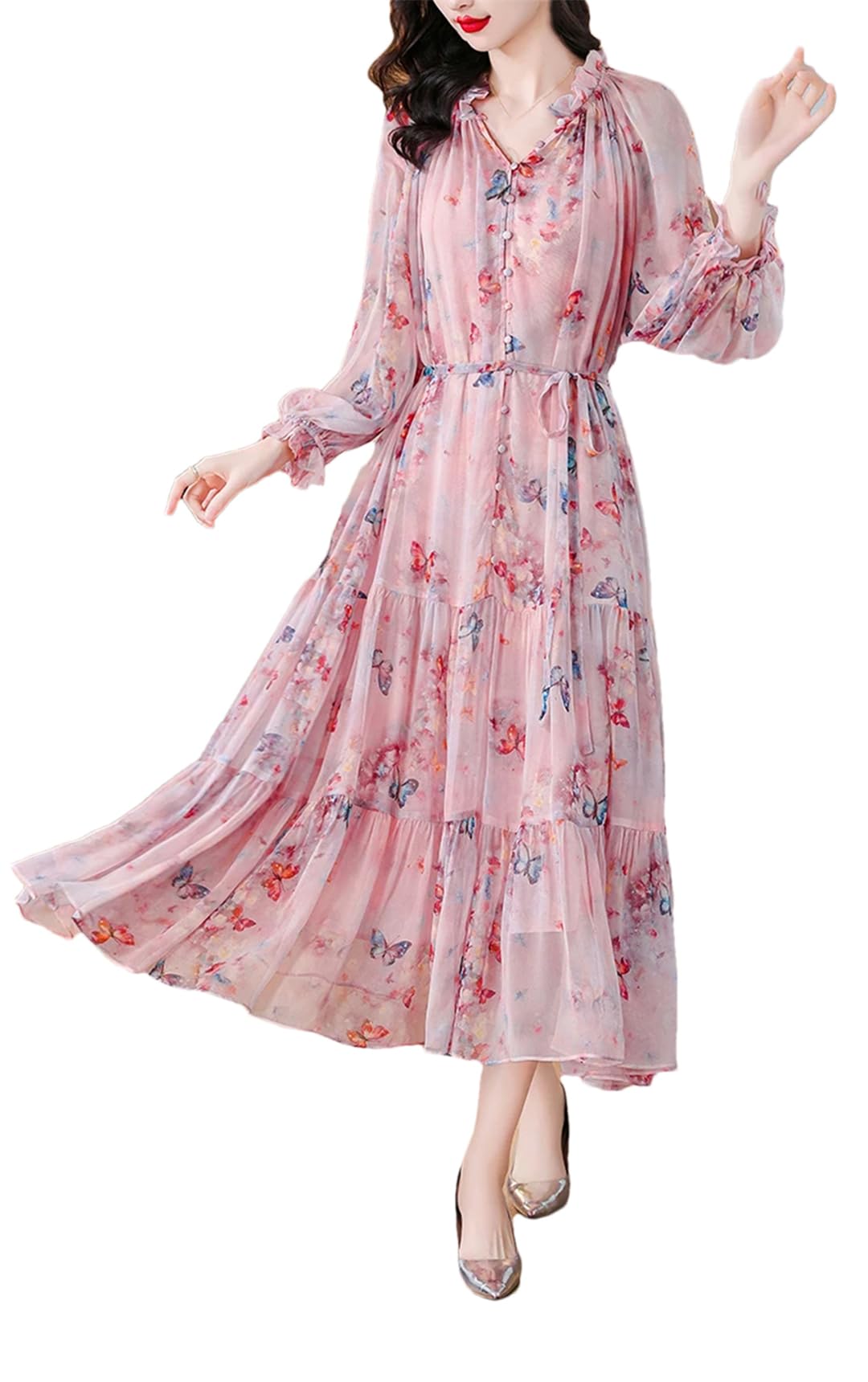Vestido bohemio de gasa con estampado floral para mujer, casual, vintage, cuello en V, manga larga, vestido midi