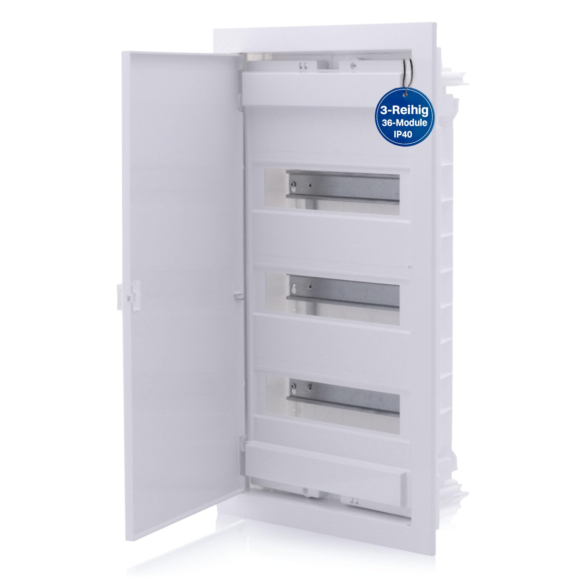 Intratec Sicherungskasten Unterputz 3 reihig – Unterputz Verteilerkasten IP40 für 36 Module mit weißer Tür und Hutschiene für einfache Elektroinstallation Zuhause & Gewerbe – 592 x 347 x 92mm