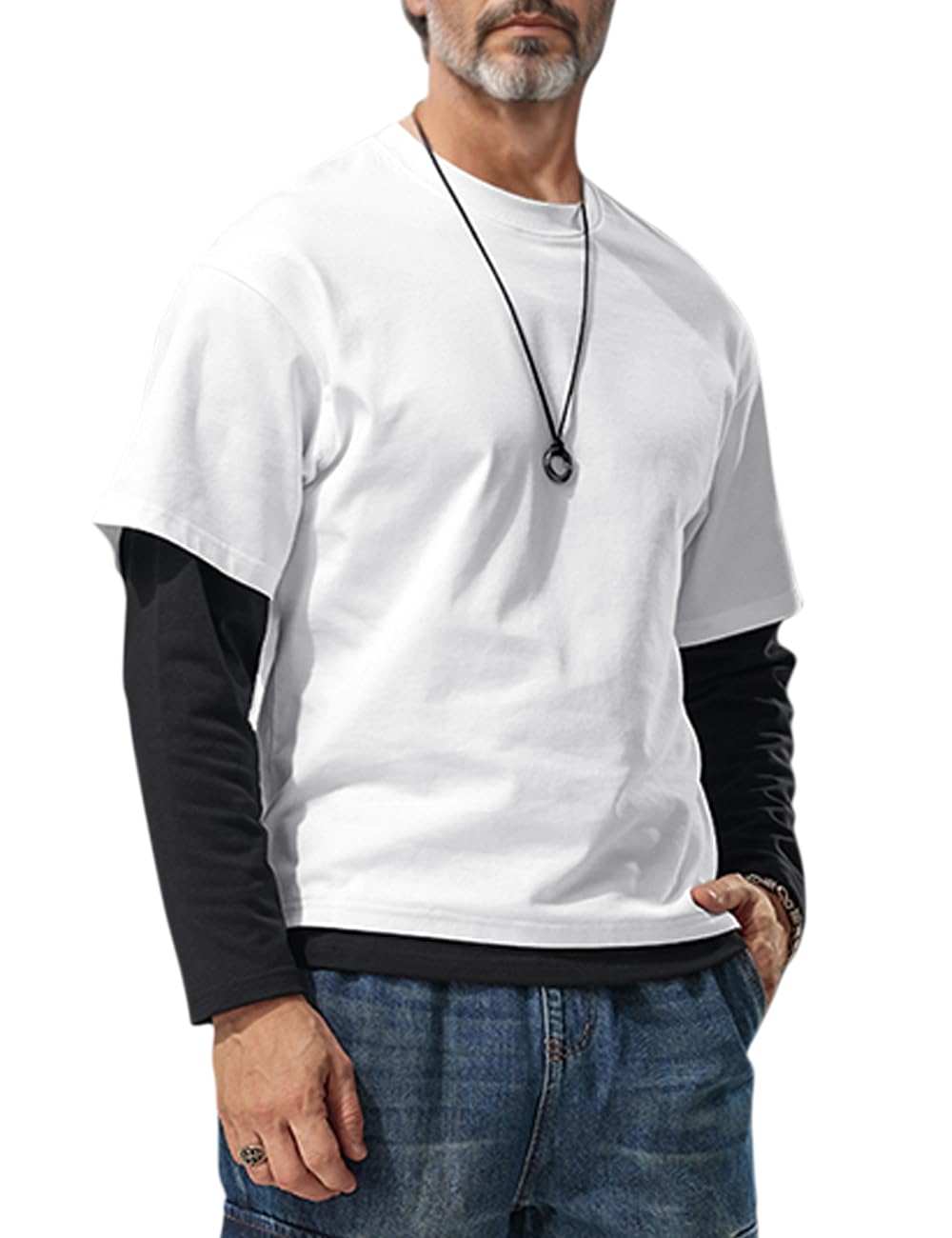 Muscle Alive Herren Fake-Zweiteiler Rundhalsausschnitt Mehrlagige einfarbige Hemden Freizeit Pullover mit Lockerer Passform