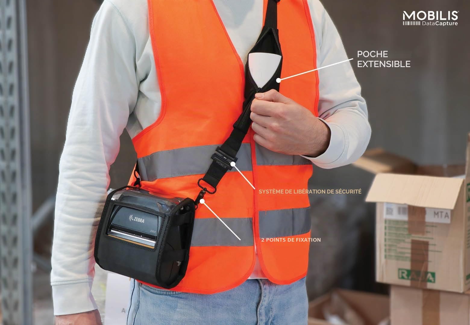 MOBILIS Bandoulière Universelle avec Système de Détachement de Sécurité & Poche de Rangement Extensible, 2 Points A'accroche, Sangle Haute Résistance