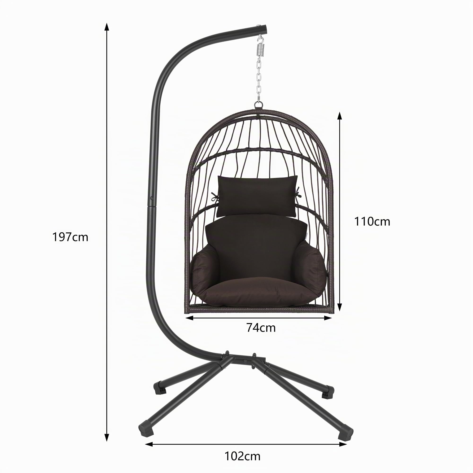 Hängesessel mit Gestell | Braun | Hängeschaukel für Indoor und Outdoor | Inkl. Kissen und Auflagepolster | Balkon Hängesessel Outdoor, Gartenschaukel, Schaukelstuhl, Hängekorb