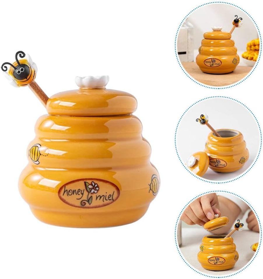 Kichvoe Ceramic Honey Jar with Dipper Lidded Honey Pot Container for Kitchen Storage 3.14 in Compact Dispenser 1 Jar and 1 Stirring Rod Set