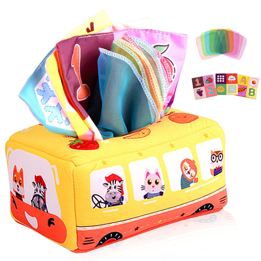 HATFRYF Baby Tissue Box Toy, Sensory Toy for Babies, Montessori Toys for 6-12 Months, Early Learning Educational Tissue Box Toys include Colorful Scarves for Newborns Baby Shower Gifts