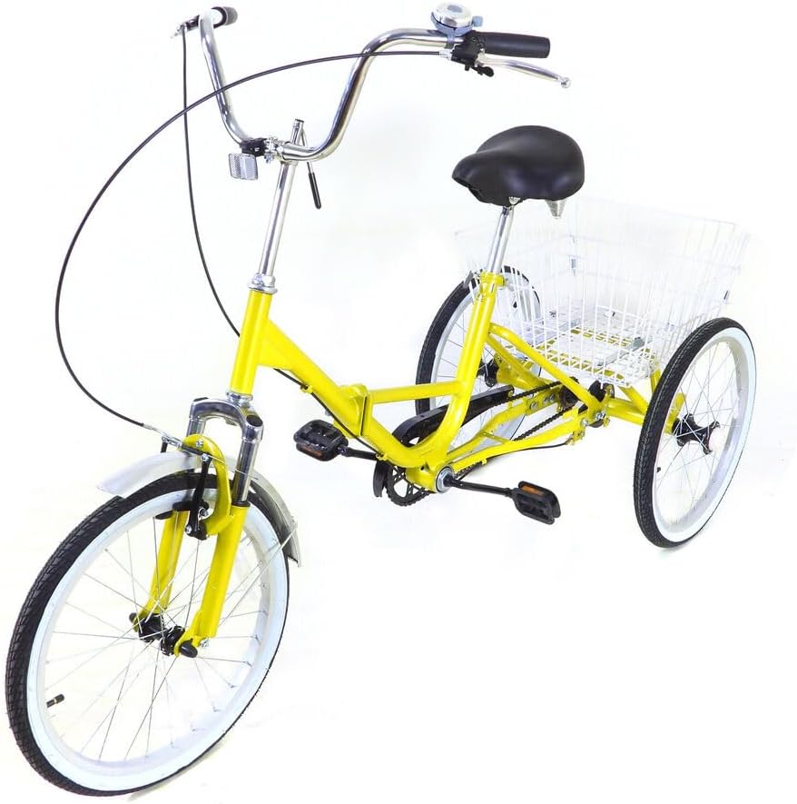 Folding Adult Tricycle, 20 Inch 3-Wheel Bike Single Speed Yellow Adult Trike Bike Tricycle for Adults with Light and Basket Height Adjustable Cruise Trike Elderly Bicycle for Shopping Picnic Beach