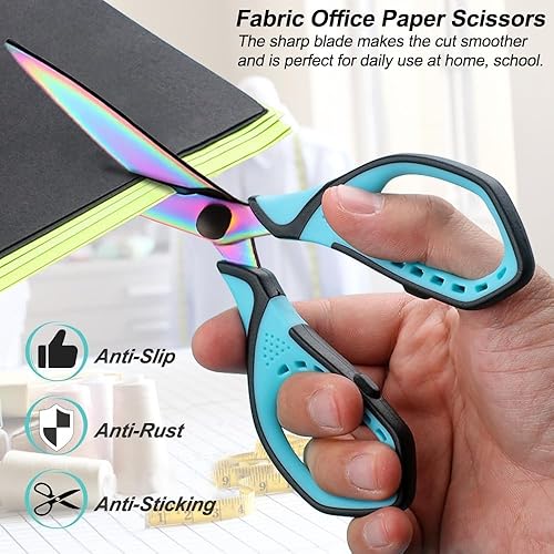 Miniatura 5 de Tijeras de 7 pulgadas para estudiantes, tijeras antiadherentes de titanio, paquete de 2, multiusos, con funda protectora para tela, papel, cinta