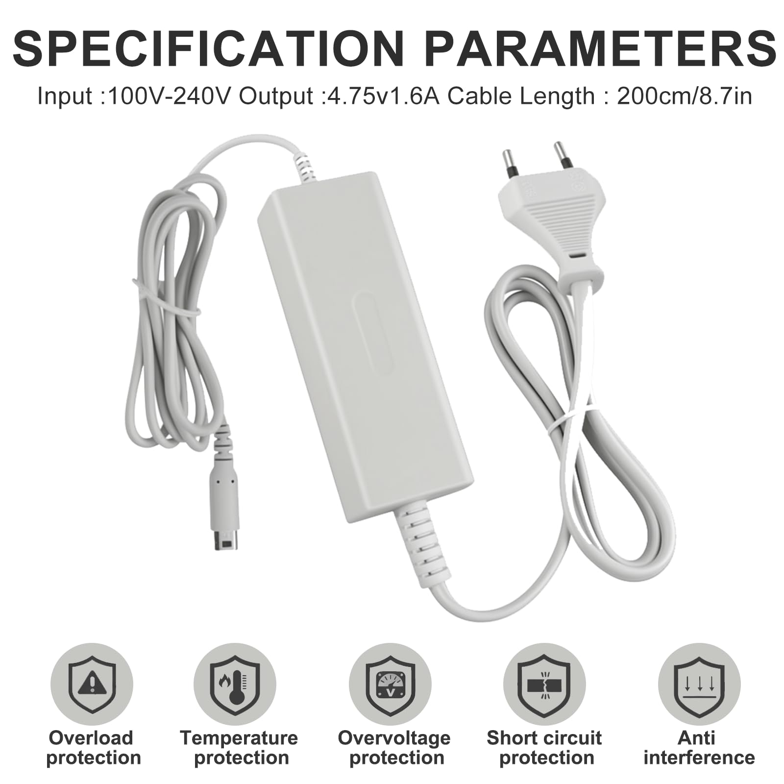 Cargador para Nintendo Wii U Gamepad, Fuente de Alimentación Pared Cargador Cable, Power Adapter para Wii U, AC 100-240V Alimentación Portátil Carga Rápida para U Gamepad