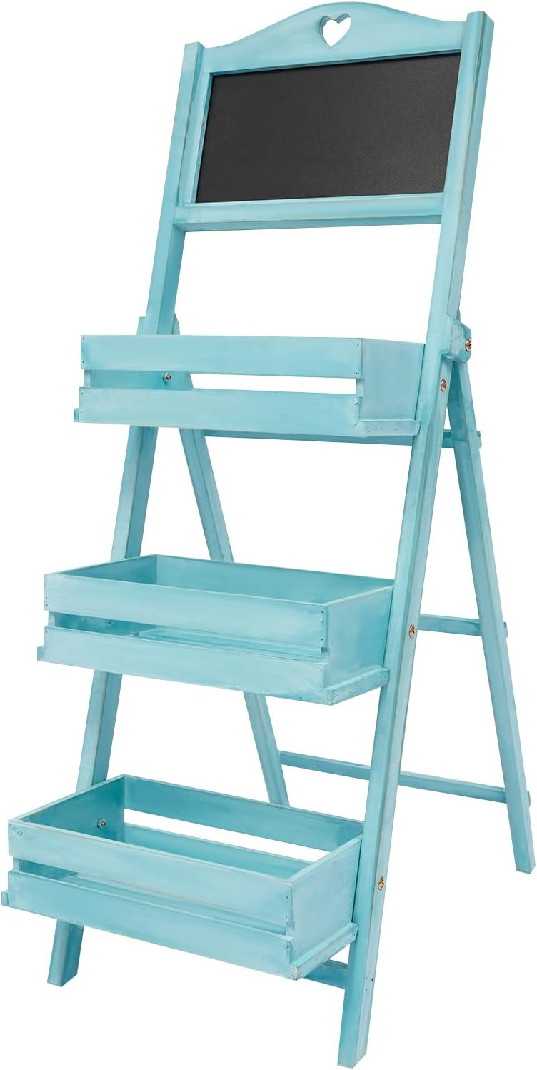 3 Tiers Plant Stand with Chalkboard, Folding Ladder Shelf for Plants Freestanding Wood Plant Rack Blue for Living Room Balcony
