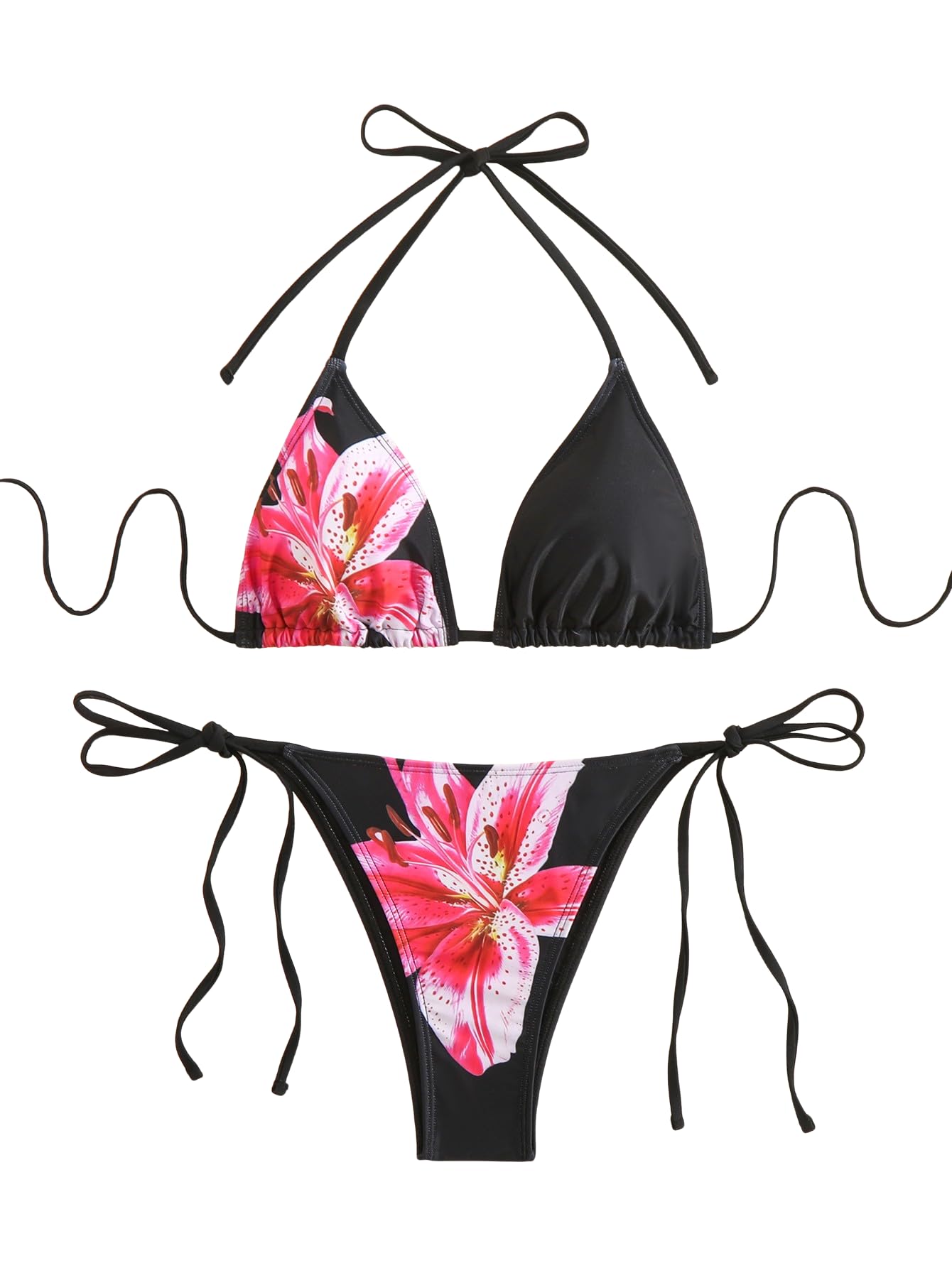 SEGT Womens 2 Piece Floral Print Halter Neck Tie Bikini Set Triangle String Thong Swimsuit Summer Bathing Suits
