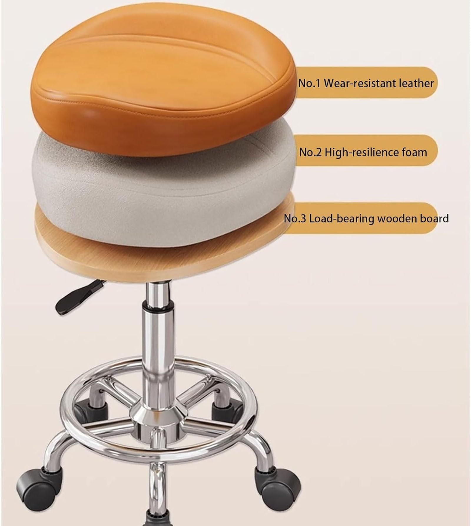 Höhenverstellbarer Rollhocker mit Rückenstütze und Fußstütze, ergonomischer Zeichenstuhl für Büro, Küche, Medizin, Zahnarzt, Labor, Zuhause