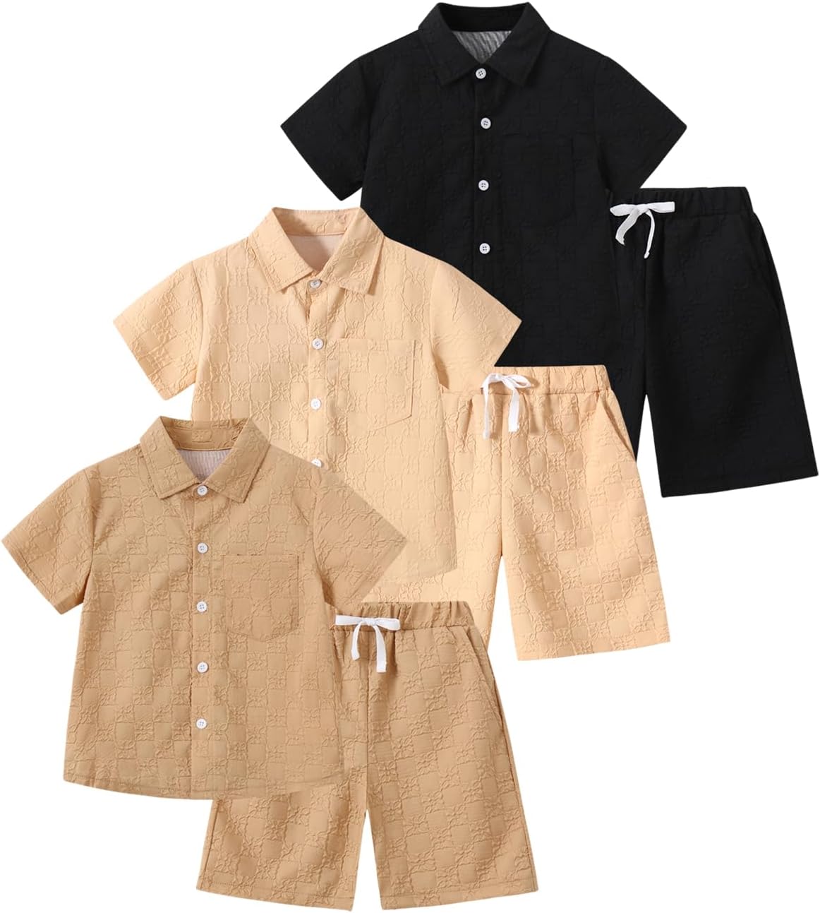 Boys 6 Pieces Summer Beach Outfits Short Sleeve Button Down Shirts and Shorts Vacation Texture Sets for Kids