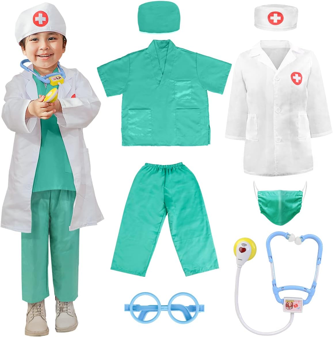 LOYO Kids Doctor Role Play Costume, Green Doctors Outfit Set with Lab Coat, Scrubs Costume, Mask, Stethoscope for 3 to 6 year old Children Halloween Costumes