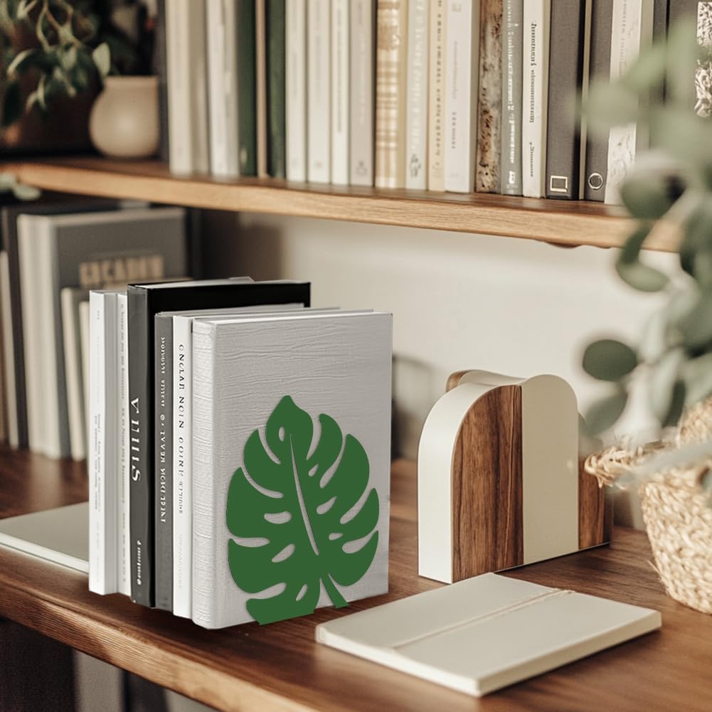 Peacoblue Metal Bookends for Shelves, Modern Decorative Heavy Duty Study Book Support Stoppers for Office, Desk, Shelf, Room 5.3"x4.3"x6.1" Cast Iron Simple Green Book Ends, 1 Pair (Monstera Leaf)