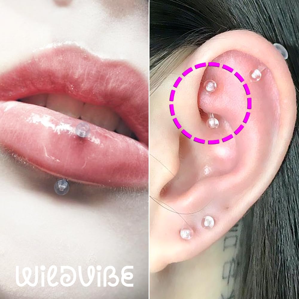 16 g przezroczyste elementy mocujące do piercingu do chirurgii - Bioflex plastikowy przezroczysty kolczyk do brwi zakrzywiony - niewidoczne kolczyki do chrząstki Rook Helix Daith Tragus Conch pionowy