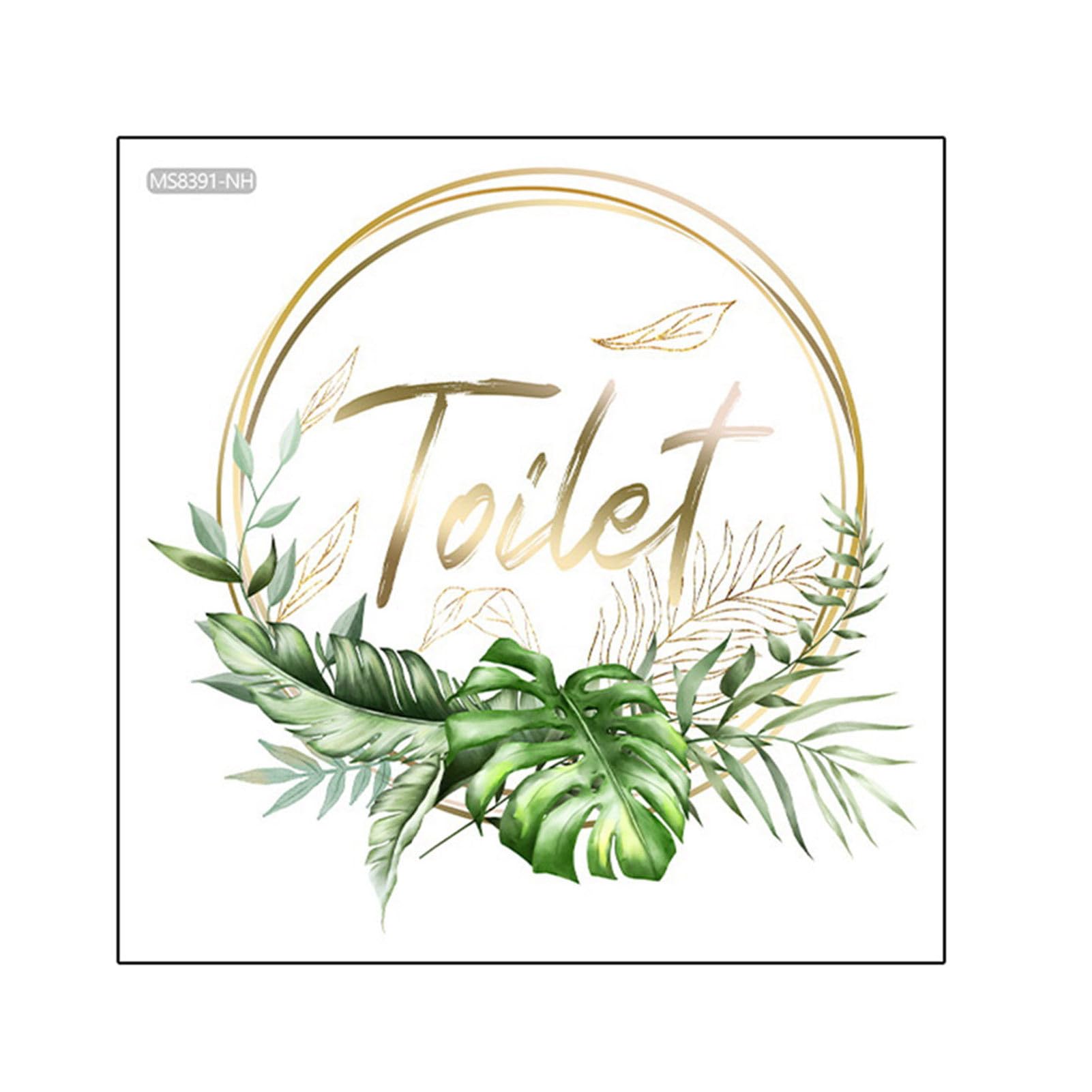 Green Plant Toilet Door Sticker Golden Letter Removable Self-Adhesive Waterproof PVC Bathroom Decoration Decal Home Supplies (B)