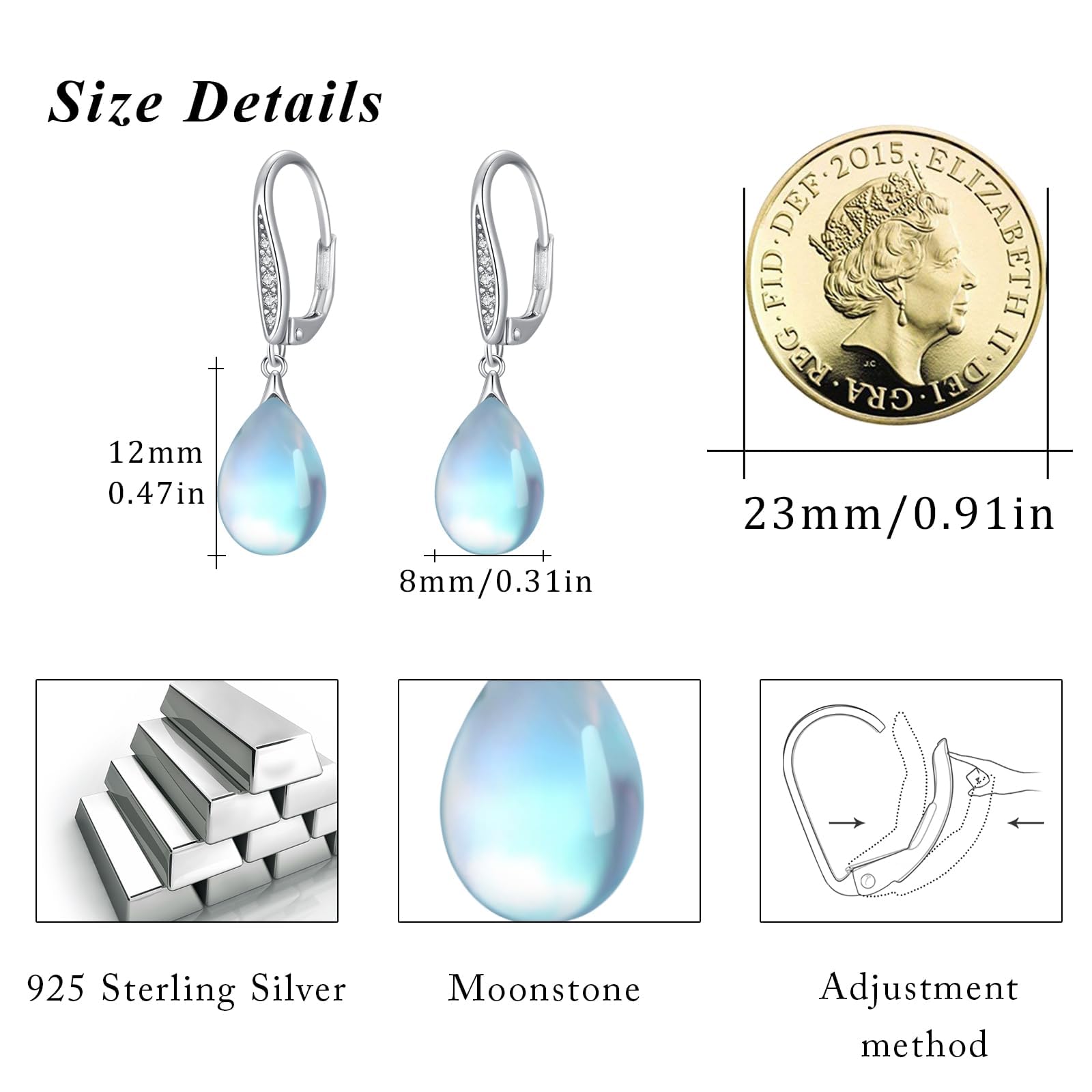 OHAYOO Pendientes de plata de piedra lunar para mujer 925 Ángel Abalone/Onyx/Turquesa/Celtic Ohrstecker Leverback Ohrringe Moonstone joyas para mujer y niña, 8 mm x 12 mm, Plata de ley