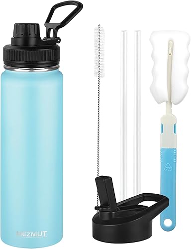 Miniatura 33 de MEZMUT Botella de agua aislada con popote y 2 tapas, botellas de agua de acero inoxidable de 40 onzas, botella de agua deportiva de metal, botellas