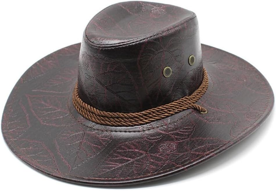 Western Cowboy Hat, Vintage Leather Look, Wide Brim with Rope Band, Burgundy Red, Classic Style