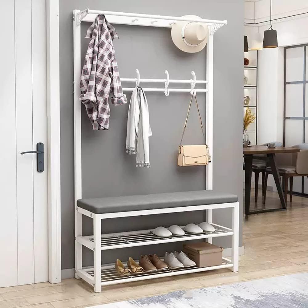 MYUYEE Coat Rack With Bench, Clothes Rack With Shoe Racks, Shoe Rack With Seat, Metal Coat Rack With Hooks And 3 Shelves For Hallway Bedroom, 100X33X170Cm(100X33X170Cm B-B)