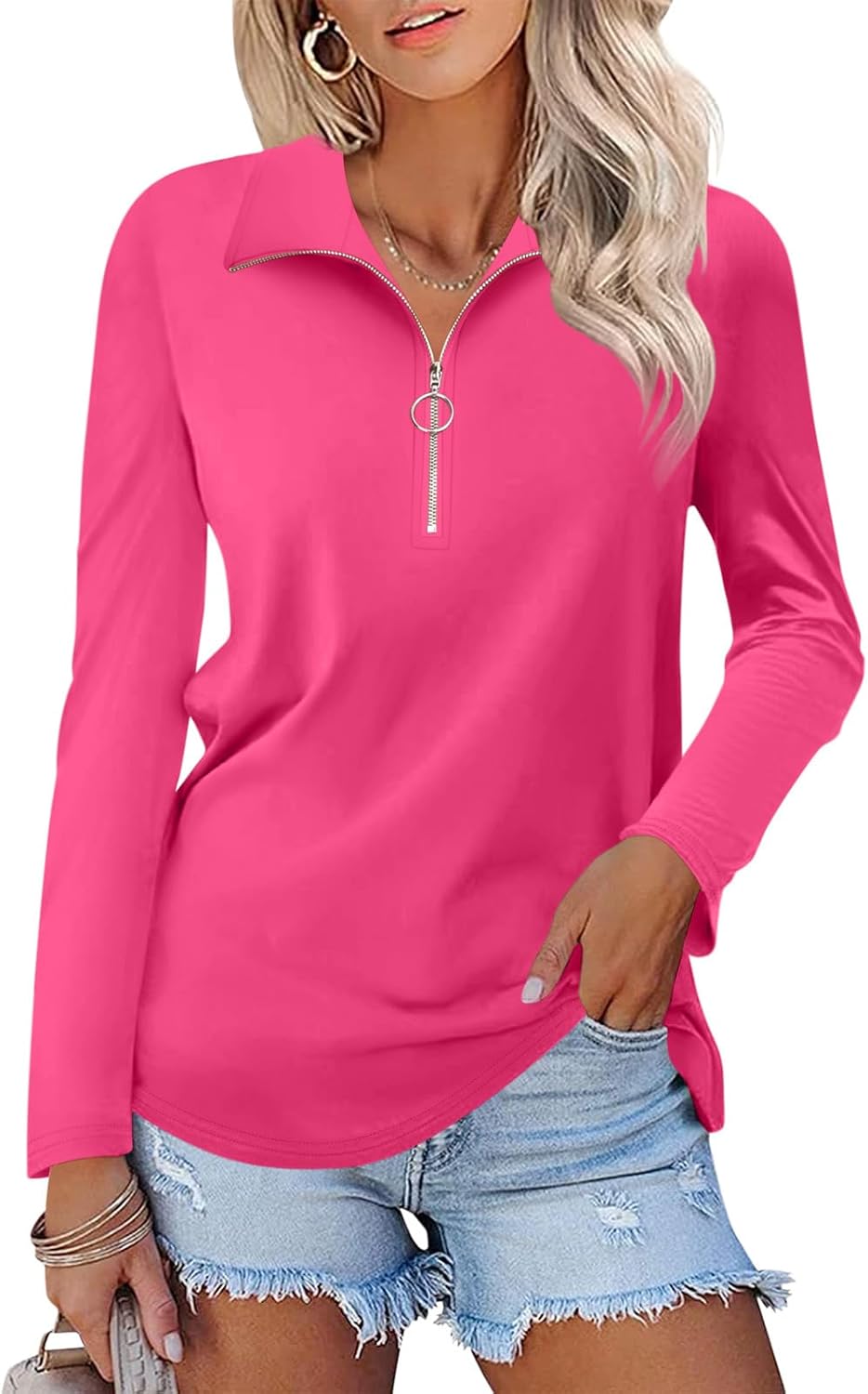 Minetom Womens Long Sleeve Tops V Neck Shirts Quarter Zip Pullover Collared Casual Tops Fall Clothes